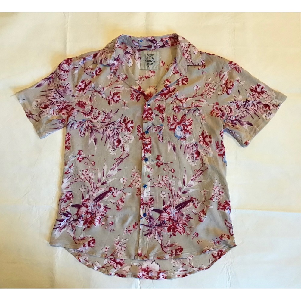 Bouton Bleu Mens Large Floral Tropical Short Sleeve Button Down Shirt Grey Red - Picture 1 of 3